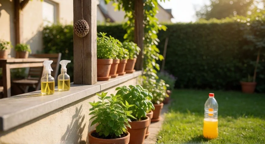 como ahuyentar avispas, Terraza con métodos naturales para ahuyentar avispas: plantas aromáticas, nido vacío y trampa casera