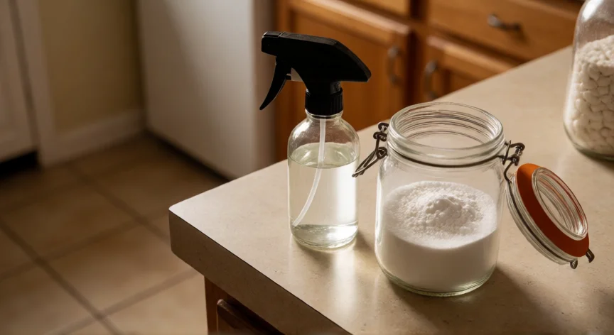 como ahuyentar hormigas, Botella de vinagre y mezcla de bicarbonato con azúcar sobre encimera de cocina para ahuyentar hormigas