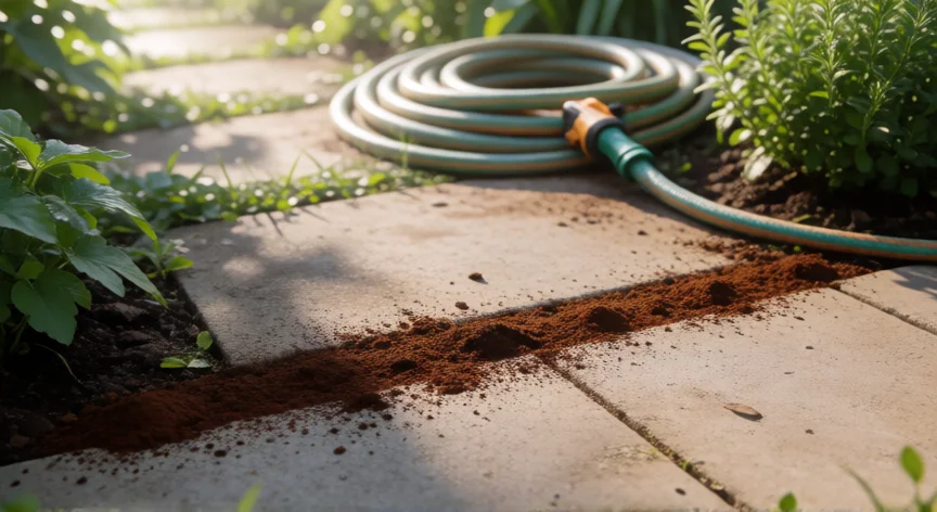 como ahuyentar hormigas, Línea de café molido y canela en el borde del patio como barrera natural contra hormigas