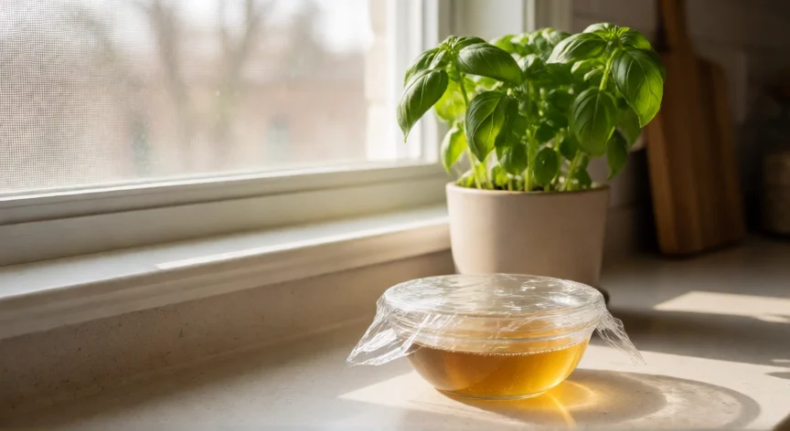 como ahuyentar las moscas, Trampa casera de vinagre con maceta de albahaca en una cocina luminosa