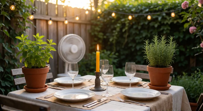como ahuyentar las moscas, Terraza con plantas aromáticas y vela de citronela para ahuyentar moscas