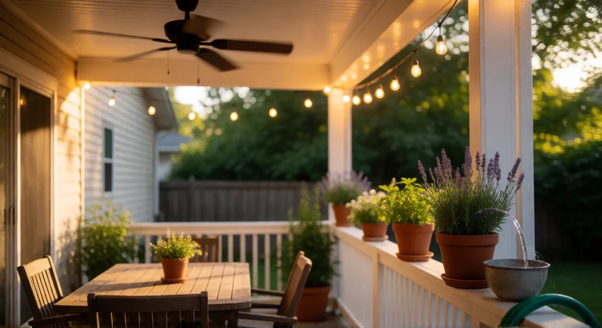 como ahuyentar zancudos, Patio exterior con ventilador, plantas de citronela y malla anti-zancudos en la atardecer