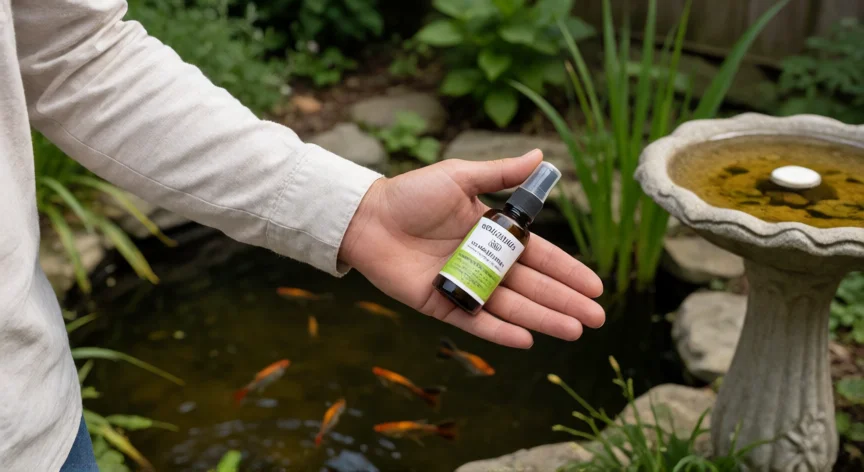 como ahuyentar zancudos, Persona con repelente natural y jardín con peces guppy en estanque para control de larvas