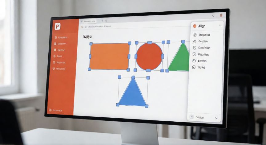 como alinear en powerpoint, Vista de PowerPoint con objetos seleccionados y el menú de alineación desplegado