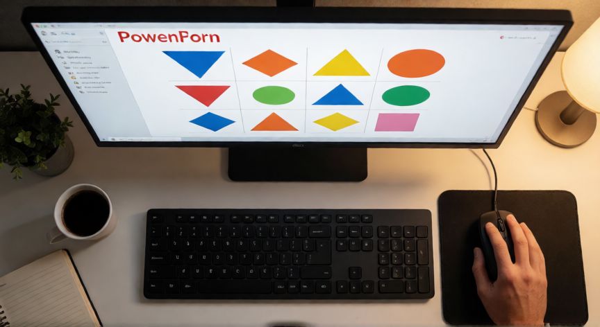 como alinear en powerpoint, Manos trabajando en PowerPoint con diapositiva de formas perfectamente alineadas vista cenital