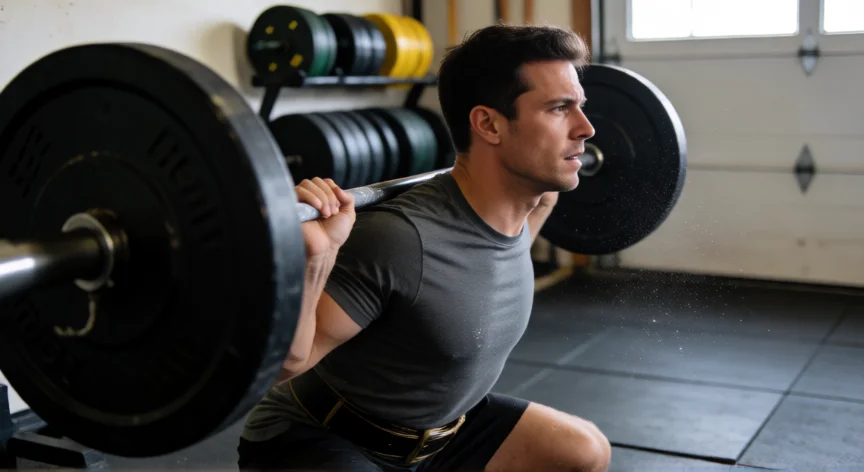 como aumentar 1 kilo por semana, Hombre entrenando sentadilla con barra en un gimnasio de casa