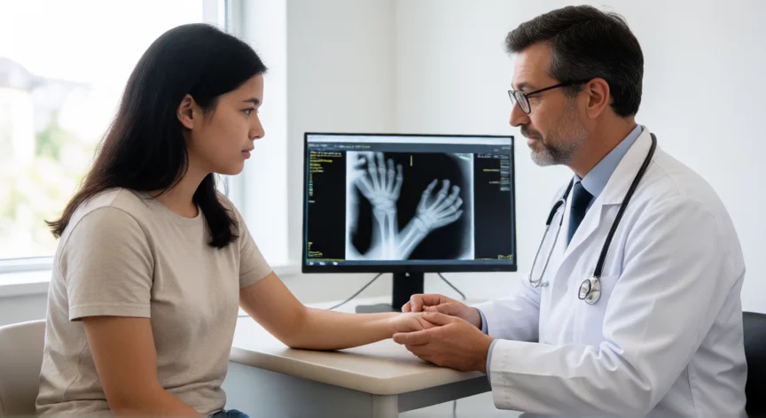 como aumentar 10 cm de estatura, Médico evaluando radiografía de muñeca para verificar estado de las placas de crecimiento
