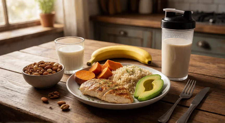 como aumentar 10 kilos, Mesa con comida alta en proteínas para ganar peso: pollo, arroz, frutos secos y batido proteico