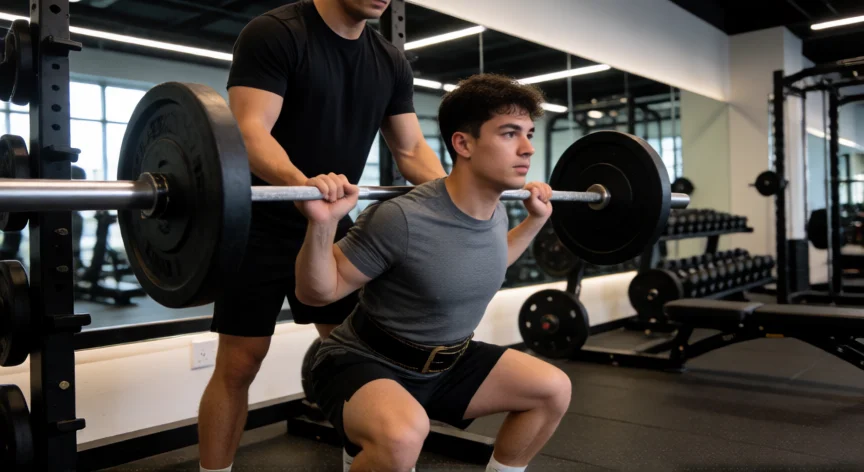 como aumentar 10 kilos, Hombre realizando sentadilla con barra en el gimnasio para ganar masa muscular