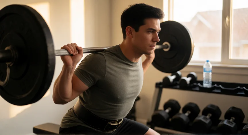 Hombre realizando sentadilla con barra en un gimnasio doméstico bien iluminado