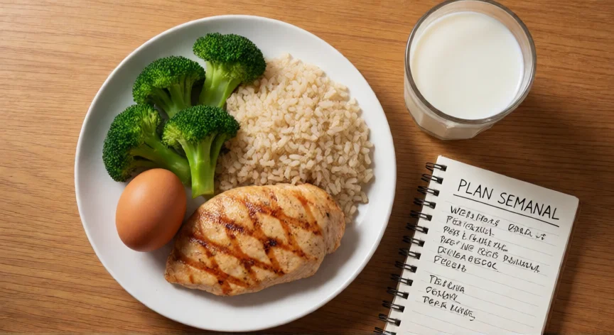 como aumentar 10 kilos de masa muscular en un mes, Comida pre entreno con pollo, arroz, brócoli y leche sobre mesa de madera con plan de entrenamiento