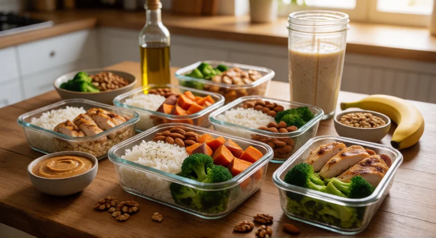 como aumentar 10 kilos en un mes, Mesa con comida preparada para ganar peso: arroz, pollo, frutos secos y batido