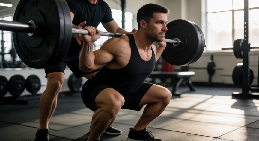 como aumentar 10 kilos en un mes, Entrenamiento de fuerza con sentadilla en barra para ganar masa muscular