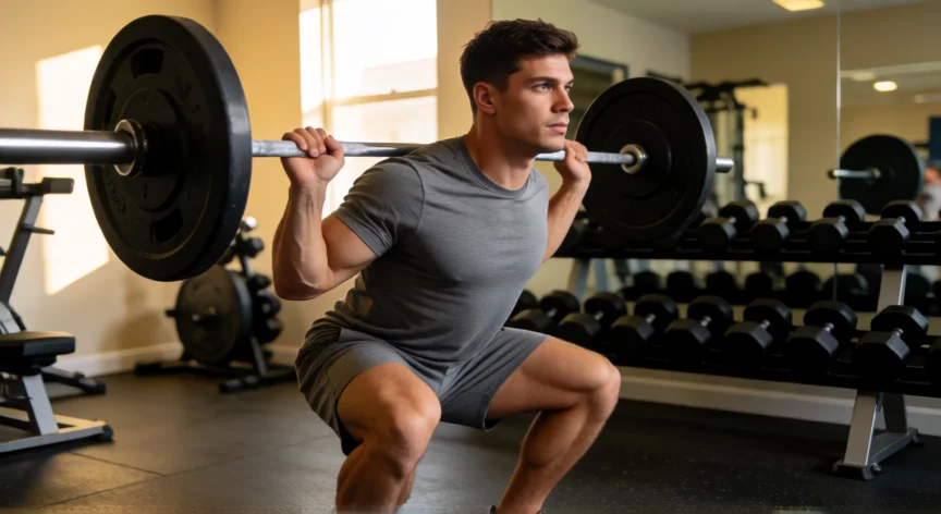 como aumentar 10 libras en un mes, Hombre realizando sentadillas con barra en gimnasio para ganar masa muscular