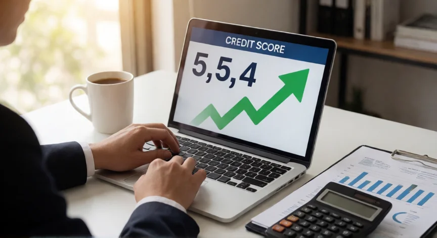Pessoa analisando aumento do score de crédito no laptop com gráfico de tendência ascendente
