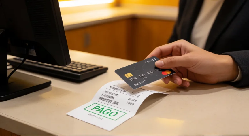 como aumentar 100 pontos no score, Mão pagando fatura do cartão de crédito em agência bancária com comprovante de pagamento