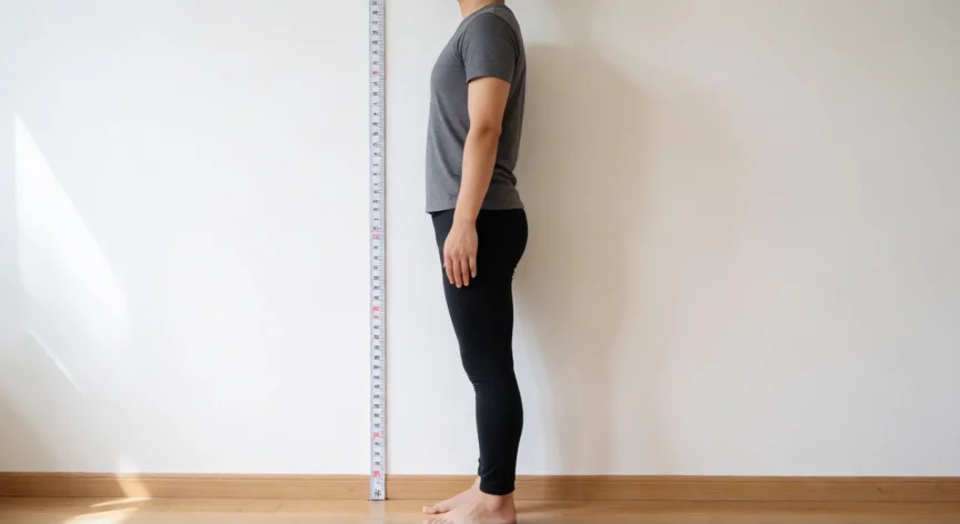 como aumentar 2 cm de estatura, Persona de pie con postura correcta midiendo su estatura contra una pared