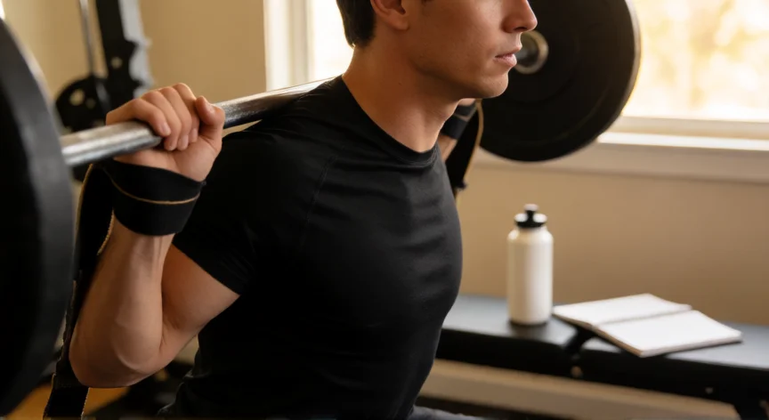 como aumentar 2 kilos de masa muscular en un mes, Hombre realizando sentadilla con barra en un gimnasio con registro de progreso