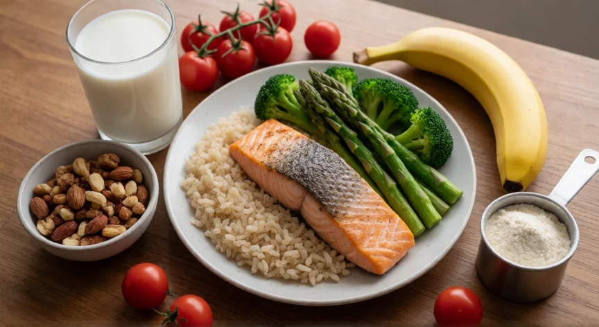como aumentar 2 kilos de masa muscular en un mes, Comida equilibrada post-entreno con salmón, arroz, verduras y suplementación