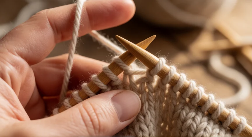 como aumentar 2 puntos en dos agujas, Manos aumentando 2 puntos con agujas rectas de madera y lana beige