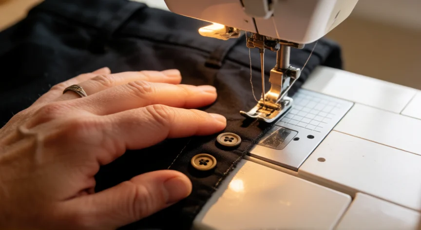 como aumentar 2 tallas a un pantalon, Manos cosiendo una extensión de cintura con botones adicionales en un pantalón oscuro usando máquina de coser.
