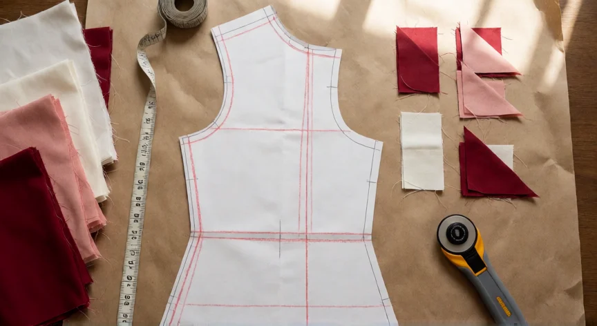 como aumentar 2 tallas a un vestido, Vista cenital de patrón de vestido sobre papel kraft con líneas de ampliación marcadas y piezas de tela recortadas
