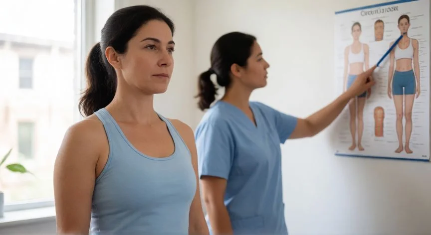como aumentar 2 tallas de busto en una semana, Mujer con buena postura en consulta de fisioterapia
