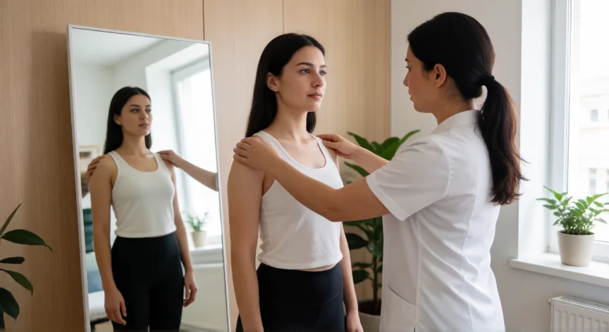 como aumentar 3 cm de estatura, Fisioterapeuta corrigiendo la postura de una paciente frente al espejo