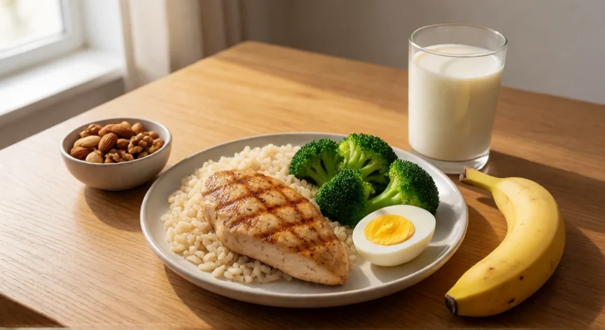 como aumentar 3 kilos, Comida alta en proteínas: pollo, arroz, brócoli, frutos secos y leche para ganar peso