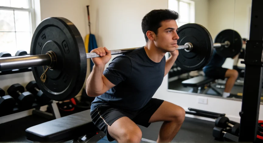 como aumentar 3 kilos, Hombre haciendo sentadilla con barra en gimnasio para ganar masa muscular