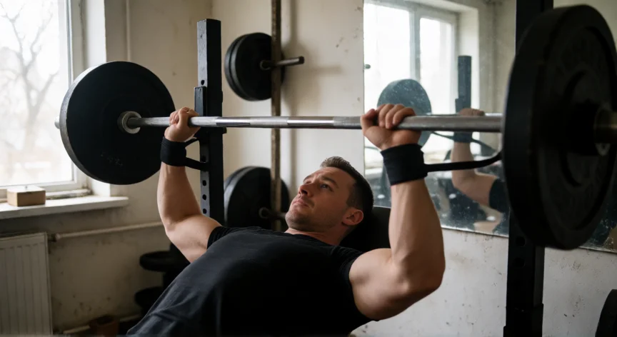 como aumentar 3 kilos en un mes, Hombre realizando press de banca con barra en su gimnasio para ganar masa muscular
