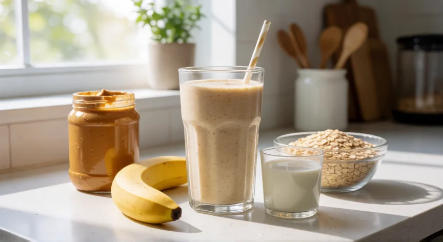 como aumentar 3 kilos en una semana, Batido proteico con avena, plátano y mantequilla de cacahuete sobre encimera