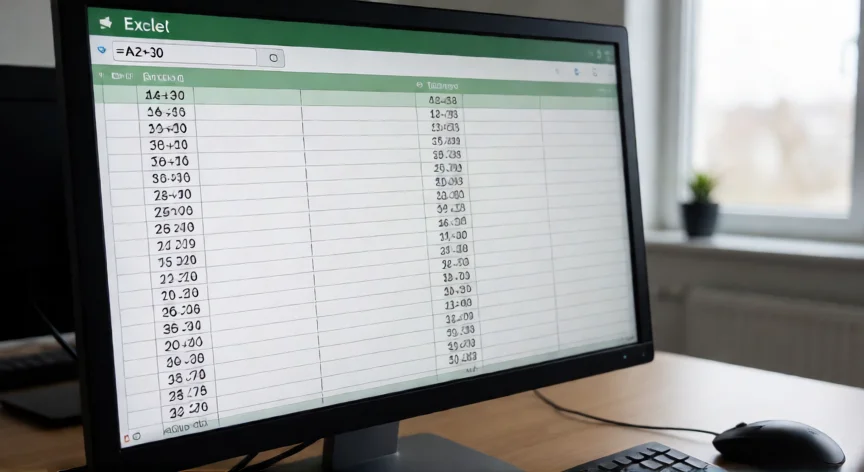 como aumentar 30 dias a una fecha en excel, Hoja de cálculo Excel mostrando la fórmula =A1+30 para sumar 30 días a una fecha