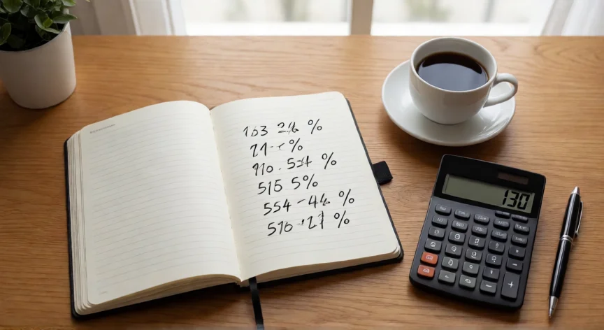 como aumentar 30 por ciento de un valor, Cuaderno con cálculos de porcentajes y calculadora sobre escritorio