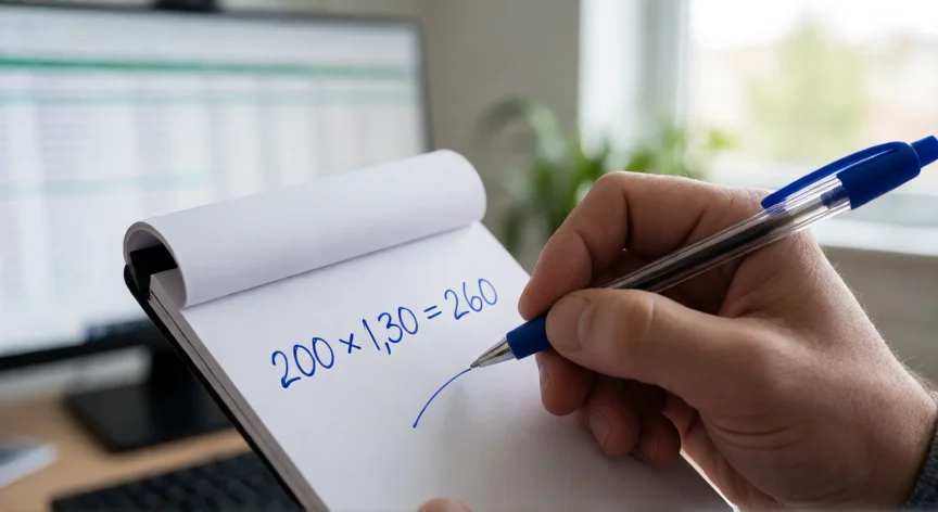 como aumentar 30 por ciento de un valor, Manos escribiendo la fórmula de incremento del 30% en un bloc