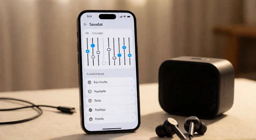 como aumentar 3l volumen de mi celular, Ajustes de sonido con ecualizador en un celular junto a auriculares y altavoz Bluetooth