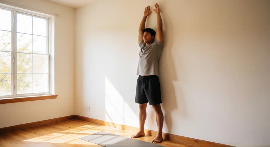 como aumentar 4 cm de estatura, Hombre joven haciendo estiramiento postural de pie contra la pared en casa