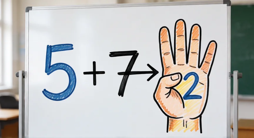 como aumentar 5 a una cantidad, Pizarra mostrando la operación 5 + 7 = 12 con flecha indicativa