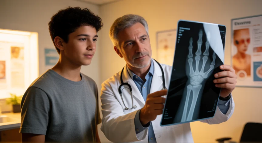 como aumentar 5 cm de estatura, Médico revisando una radiografía de muñeca para evaluar las placas de crecimiento en un joven