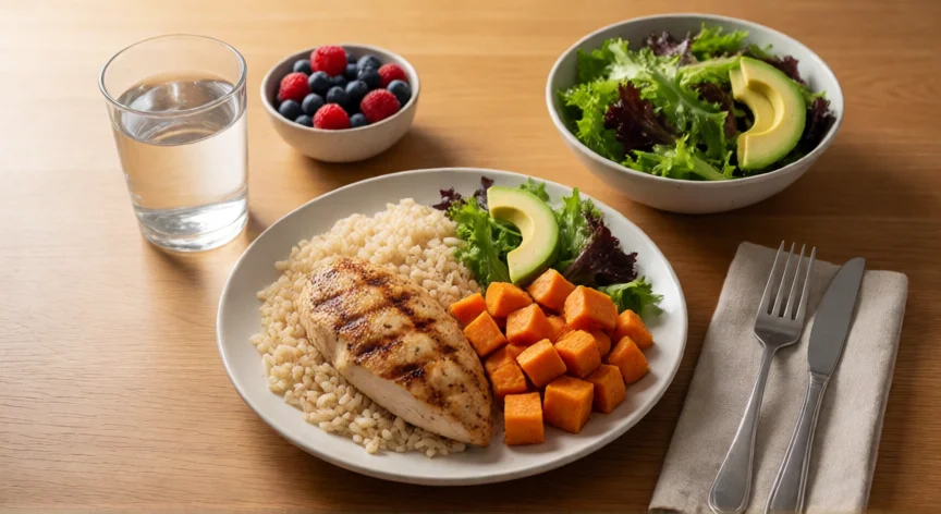 como aumentar 5 cm de glúteos en una semana, Comida alta en proteína y carbohidratos para hipertrofia: pollo, arroz, boniato y ensalada sobre mesa de madera