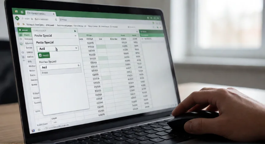 como aumentar 5 en excel, Ventana de Pegar Especial en Excel con la opción Sumar seleccionada para añadir 5 a un rango de celdas