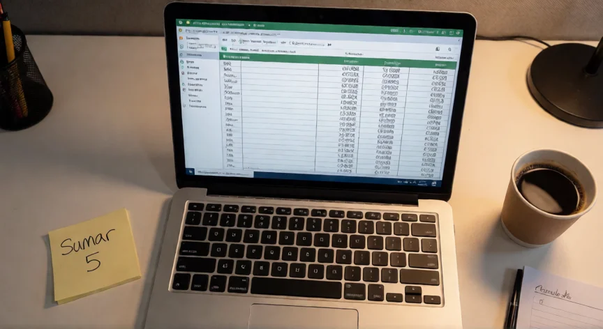 como aumentar 5 en excel, Vista cenital de una hoja de Excel mostrando columnas de valores antes y después de sumar 5