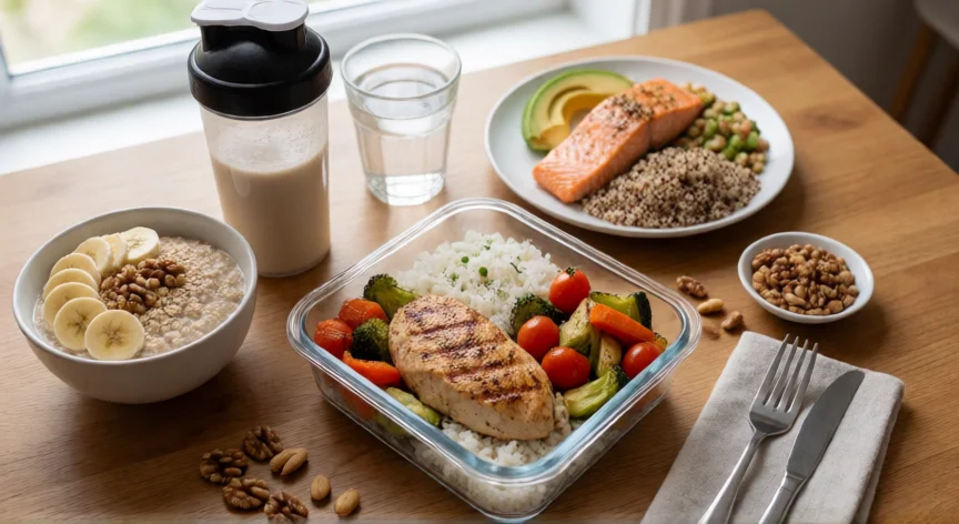 como aumentar 5 kg de masa muscular, Comidas preparadas para hipertrofia: pollo, arroz, salmón y avena con proteína