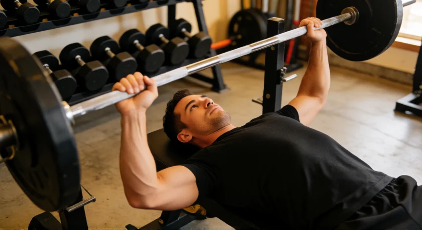como aumentar 5 kilos, Hombre entrenando con pesas en el gimnasio para ganar masa muscular