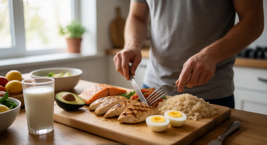 Preparación de un plato alto en proteína con pollo, arroz, salmón y huevo para la ganancia muscular