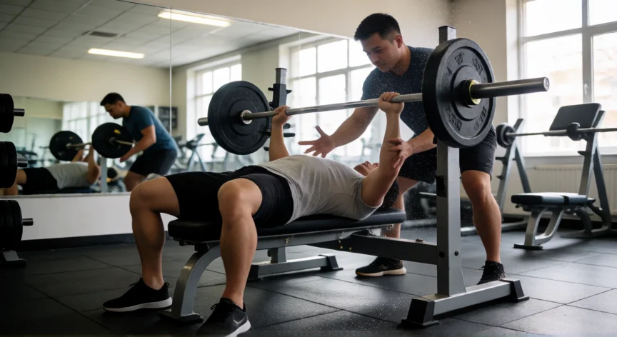 como aumentar 5 kilos de masa muscular en un mes, Entrenamiento de fuerza con barra en banco plano para hipertrofia de pectoral y tríceps