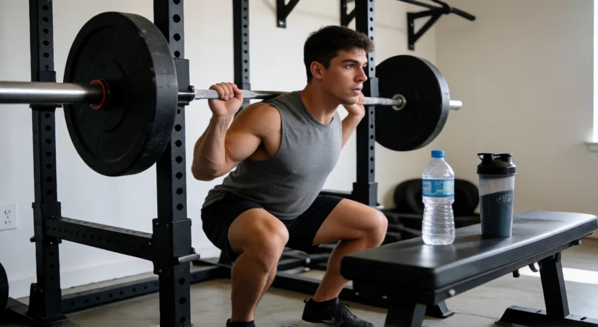 como aumentar 5 kilos en un mes, Entrenamiento de fuerza con sentadilla con barra en gimnasio para estimular la ganancia de masa muscular