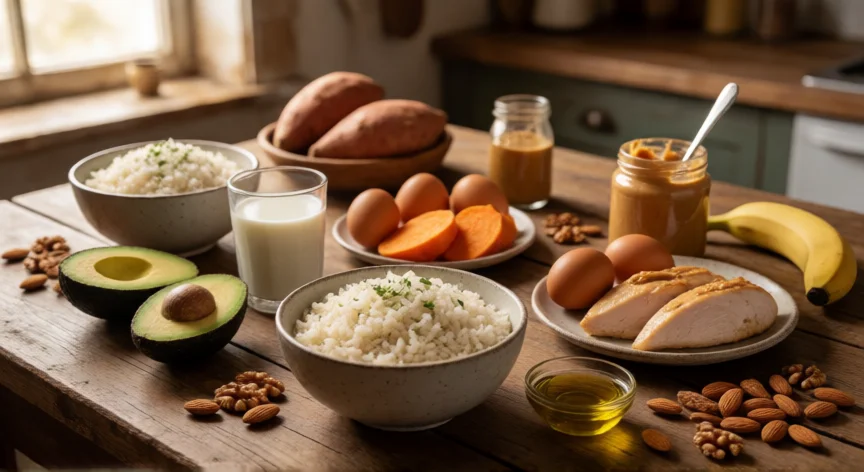 como aumentar 5 kilos en una semana, Mesa con alimentos hipercalóricos: arroz, patatas, aguacate, huevos, frutos secos y batidos