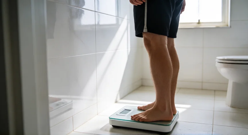 como aumentar 5 kilos en una semana, Hombre joven pesándose en una báscula digital en el baño
