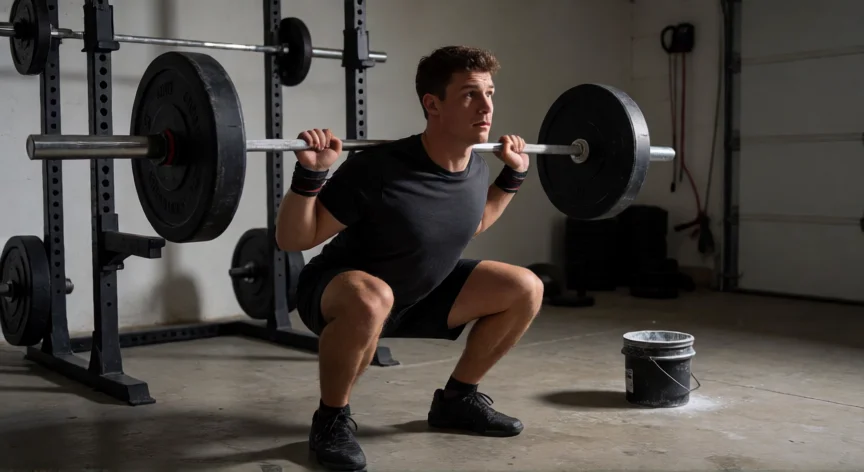 como aumentar 6 kilos en un mes, Hombre realizando sentadilla con barra en gimnasio casero con rack de potencia